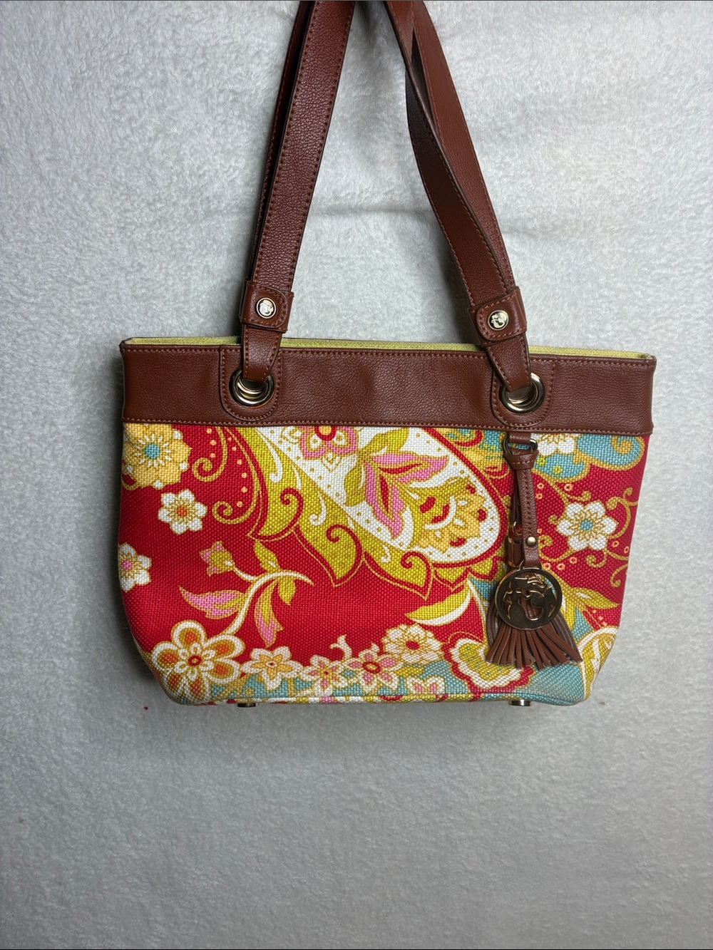 Spartina 449 Red Floral Paisley Tote with Brown Trim